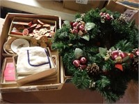 (2) Boxes w/ Xmas Wreath, Bell Decor, Sm. Coasters