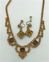 Vintage Faux Amber Rhinestone Necklace & Earrings