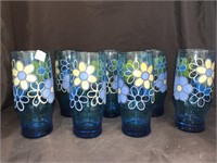 8 VINTAGE 6.5 “ BLUE GLASS TUMBLERS W/ DAISES