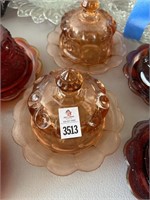 2 Amber Glass Butter Covered Dishes