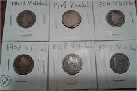 SIX different V Nickels 1903-1911