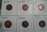 SIX different indian head pennies 1898-1907