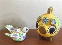 Vtg Mexican Tonala Folk Art Bird & Piggy Bank READ