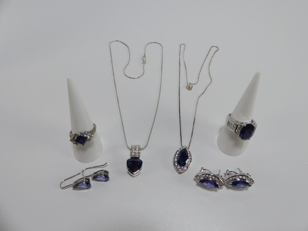 STERLING FAUX TANZANITE NECKLACES, EARRINGS, RINGS