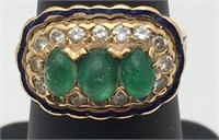 14k Gold Cabochon Emerald Diamond Enameled Ring