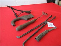 VINTAGE CARPET STRECTHERS,NAIL RAKE, TONGS, CAST