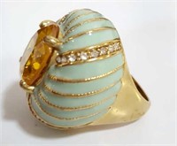 Huge Enameled Gold Tone Dressy Ring, Giant Stone