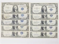 (10) 1935 A, C, E, F & G $1 Silver Certificates