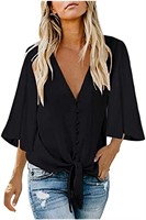 Womens Button Down V-Neck Tops 3/4 Bell Sleeve