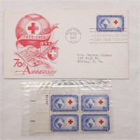 1952 1st Day Issue Red Cross + Plate Block Stamps