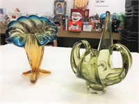 Vintage Amber Vase & Green Glass Bowl