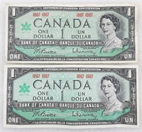 2x Billet 1$ CANADA 1867-1967, 100 ans du Canada