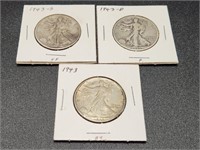 Three 1943 Walking Liberty Half Dollars