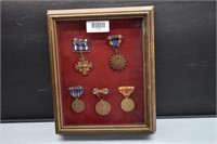 5 Military Medals in Wood and Glass Display Case