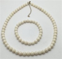 White Beaded Bracelet & Necklace W Sterling Clasp