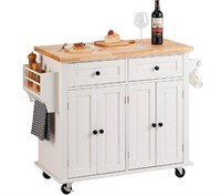 Kitchen Island Cart - Solid Wood Top, White