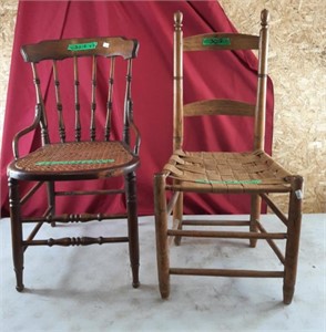 2 wooden sitting chairs with mesh seats