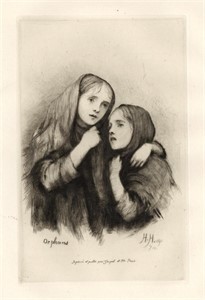 Hubert von Herkomer "Orphans" original etching