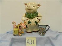 Smiley Pig Cookie Jar, Hand Painted 3" Pitcher &