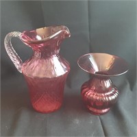 Cranberry Glass Pitcher and Vase