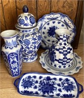 Blue Ware Porcelain Pitcher, Plates, Server, Vases