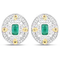 Rhodium Plated 0.69ctw Emerald and Diamond Earring