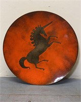 Enameled Copper Unicorn Plate 10in Orange - As Is