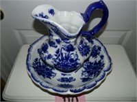 BLUE AND WHITE WASH BOWL AND PITCHER
