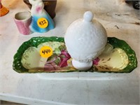 MILK GLASS COVERED DISH AND FLORAL TRAY