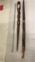Two Carved Wood Walking Sticks/Canes