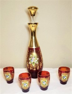 Red Bohemian Hand Painted Decanter & 6 Glasses
