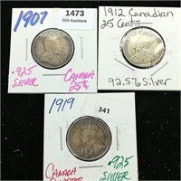 (3) 1900s-1910s Canadian Quarters - 92.5% Silver 2