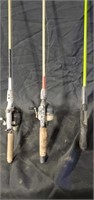 Three fishing poles one without reel