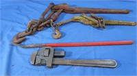 Chain Binder, Pry Bar, Pexto 14" Pipe Wrench