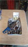 Box Lot of Misc. Tape, Clamps, Wrenches Etc.