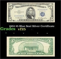 1953 $5 Blue Seal Silver Certificate Grades vf+