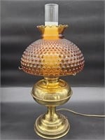 Brass & Hobnail Amber Glass Hurricane Oil Lamp
