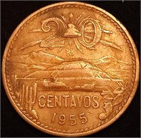 1955 MEXICO 20 CENTAVOS - Blazing Bronze Centavos