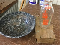 Granite ware colander, milk jar, small wooden box