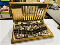 antique oak flatware box & silver plate cutlery