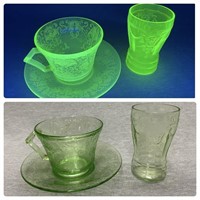 Depression Pressed Glass Uranium Glass Cup&Saucer