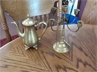 vtg brass teapot + candle holder
