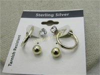 3 Pr. Sterling Gold Washed Pierced Earrings, Vinta