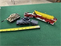 3 Corgi Toys: Firetruck, Tank, Track Machine