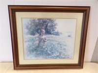 FRAMED & MATTED PRINT OF YOUNG GIRL IN FIELD......