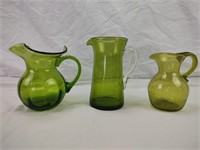 2 Crackle Glass Pitchers 1 Green Pitcher