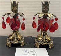 Victorian Brass Red Glass Candle Holder (2)