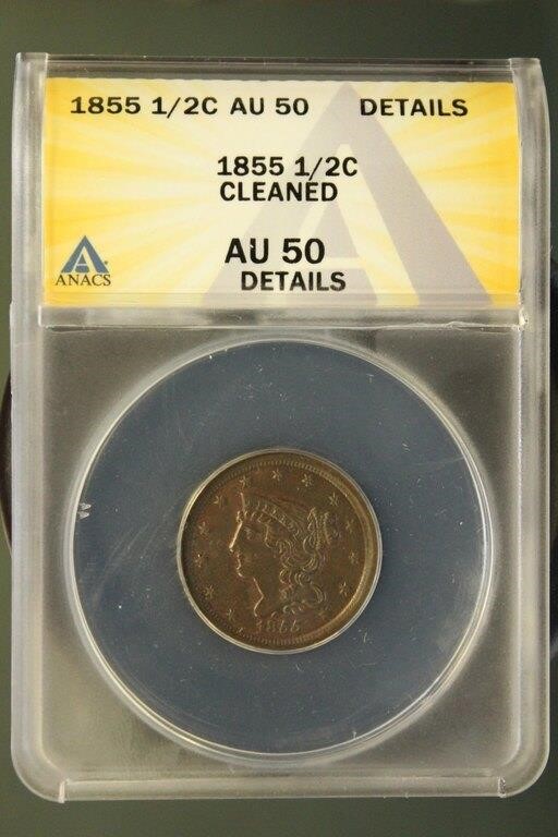US Coins 1855 Braided Hair Half Cent AU50 Details