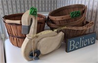 Decorative Wood Swan, Baskets, Believe Sign. In