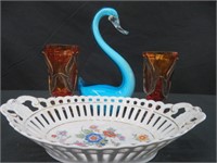 PAIR AMBER GLASS VASES, GLASS SWAN, DISH